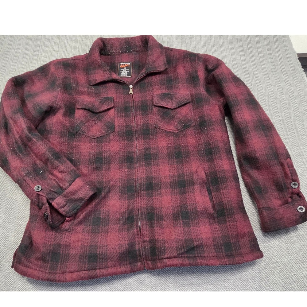Walnut Creek Men XL Full Zip Fleece Jacket Faux Fur Lined Buffalo Plaid Burgundy